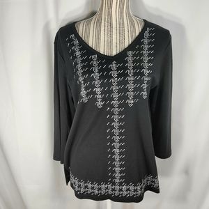 Alfred Dunner Black V Neck 3/4 Sleeve Silver Stud Accents Top Size Small